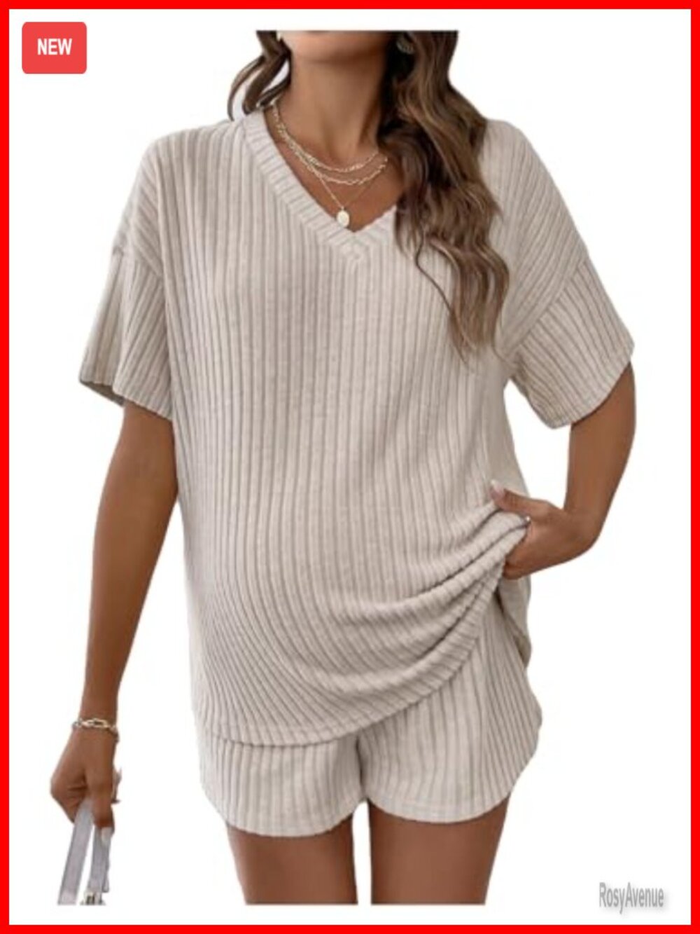 Maternity 2 Piece Set Ribbed Shirt V Neck & Biker Shorts Pregnancy Lounge